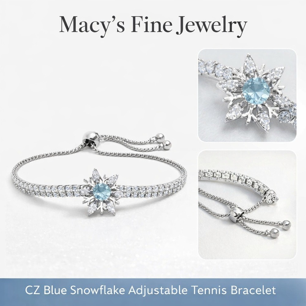 Macys Fine Jewelry Blue Snowflake CZ Adjustable Tennis Bolo Bracelet Silver Tone